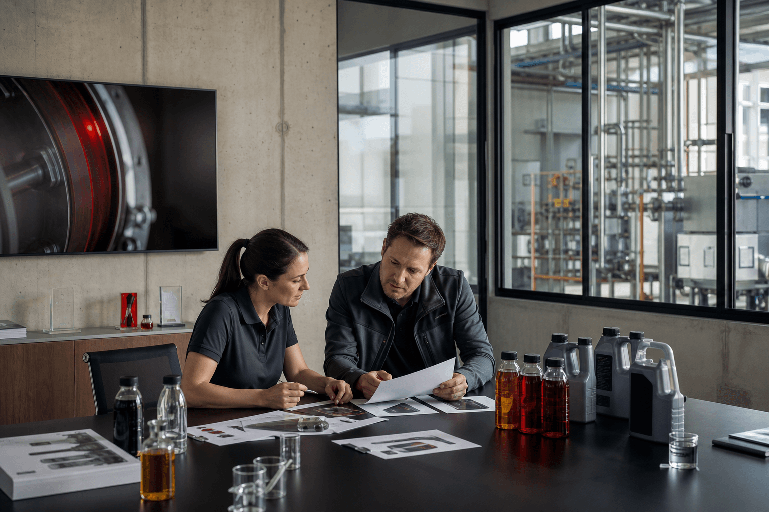 Editorial view of a lubricant manufacturing office and product review table