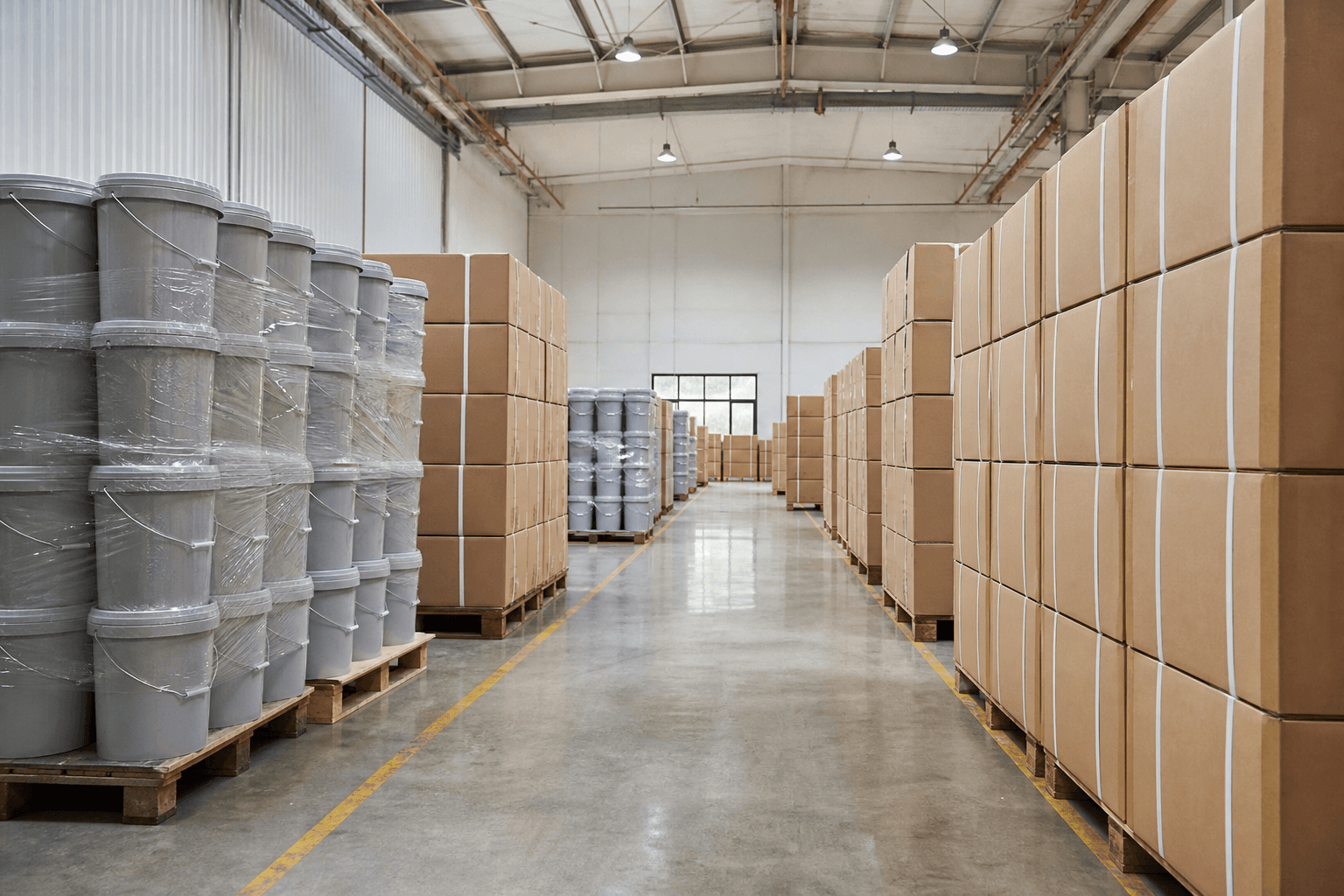 Warehouse area with organized lubricant cartons and pails
