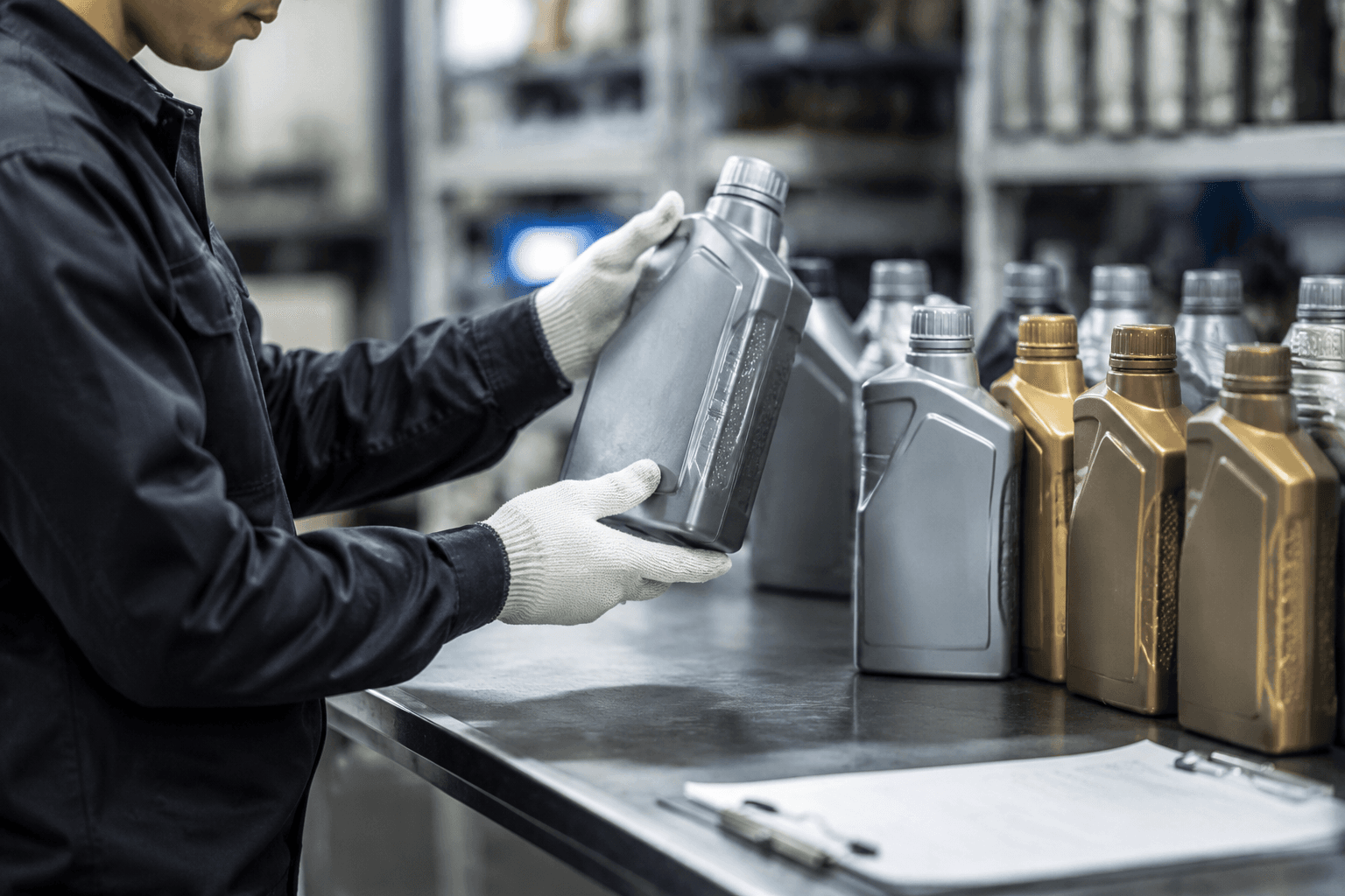 Quality inspection view of packaged lubricant containers